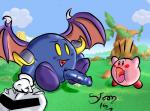 age_difference animal_genitalia blue_penis blush cloud detailed_background duo erection flower genital_slit genitals grass male not_furry nude open_mouth outside penis plant shocked sky tongue tree vein veiny_penis water yellow_eyes stoonbucko kirby_(series) nintendo kirby meta_knight alien waddling_head 2015