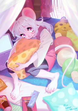 4_toes anthro barefoot bed bed_curtains bottomwear claws clothing computer detailed_background electronics feet female food fur furniture hair hug hugging_object hugging_pillow inside kemono laptop long_hair on_bed overalls pillow pink_clothing pink_eyes plantigrade shirt shorts sitting sitting_on_bed solo toes topwear white_body white_fur white_hair aruurara pocky mammal mouse murid murine rodent 2021 absurd_res hi_res textless