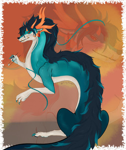 blue_body blue_fur claws ear_piercing eastern female feral fur hair horn jewelry orange_horn piercing solo tail white_body furrymammy mythology dragon mythological_creature mythological_scalie scalie absurd_res hi_res