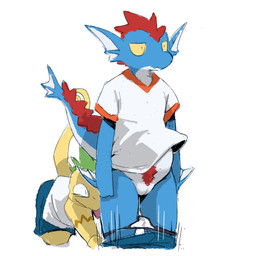 animal_genitalia anthro blue_body blue_scales bottomwear cheeky clothing duo genital_slit genitals green_hair hair male male/male red_hair scales shirt shorts simple_background tail topwear underwear undressing_another white_background white_clothing white_shirt white_topwear yellow_sclera moesouna_gomi mythology mizutani dragon lizard mythological_creature mythological_scalie reptile scalie 1:1 2026 japanese_description