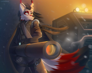 anthro bottomwear clothing female fur fur_markings lights markings pants ranged_weapon rocket_launcher snow solo uniform wasteland weapon ladnelsiya canid canine fox mammal 2022 hi_res watermark