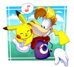 ambiguous_gender blue_eyes cloud day duo eyes_closed fur male smile speech_bubble teeth earthgwee nintendo pokemon rayman_(series) ubisoft rayman generation_1_pokemon pikachu pokemon_(species) raypeople_(rayman) 2019 crossover pictographics signature