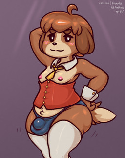 anthro blush brown_body brown_fur brown_hair bulge clothed clothing corset crossdressing femboy fur hair lingerie looking_at_viewer male nipples panties smile solo thong topwear underwear frumples animal_crossing nintendo patreon digby_(animal_crossing) canid canine canis domestic_dog mammal shih_tzu toy_dog 2019 digital_media_(artwork) signature