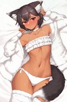 black_hair blush bow_panties bow_underwear bra braided_hair choker clothed clothing coat dipstick_tail ear_piercing eyebrow_through_hair eyebrows female grabbing_sheets hair human_and_animal_ears inner_ear_fluff jewelry lying markings multi_ear navel necklace panties piercing red_eyes solo tail tail_markings tan_body tan_skin topwear translucent translucent_hair tuft underwear white_tail_tip mathew_(srmmk_mce) animal_humanoid cat_humanoid felid felid_humanoid feline feline_humanoid humanoid mammal mammal_humanoid absurd_res hi_res