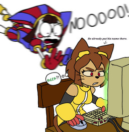 anthro brown_hair chair clothed clothing computer computer_keyboard computer_mouse dialogue duo electronics eyelashes eyewear eyewear_on_head female fool's_hat furniture goggles goggles_on_head hair hat headgear headwear jester jester_outfit long_eyelashes on_chair open_mouth red_eyes self_search sitting sitting_on_chair tear_trough text thought_bubble tongue two_left_hands emilio_brando gameoverse glitch_productions rule34.xxx the_amazing_digital_circus kit_bodega pomni_(tadc) domestic_cat felid feline felis human mammal 2026 crossover english_text hi_res