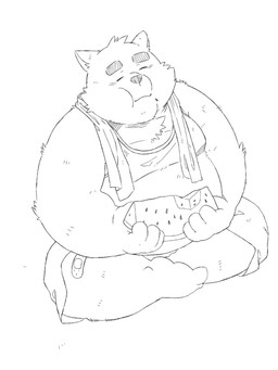 anthro band-aid bandage belly big_belly clothing eyes_closed food fruit kemono male melon overweight overweight_male plant shirt simple_background sitting solo topwear towel towel_around_neck watermelon watermelon_slice ginsingoo1 canid canine canis domestic_dog mammal 2022 3:4 monochrome