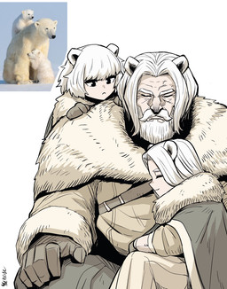 clothed clothing comparison creature_and_personification female group hair male simple_background trio white_background white_hair gegegekman bear mammal polar_bear ursine 2023 hi_res reference_image