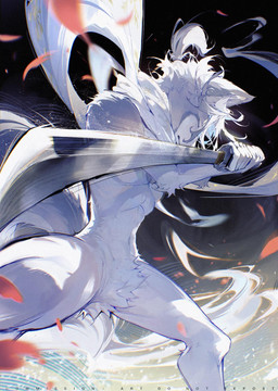 abstract_background action_pose anthro black_background eyes_closed fur grey_body grey_fur hair holding_katana holding_melee_weapon holding_object holding_sword holding_weapon katana male melee_weapon mostly_nude mouth_closed ponytail pose scarf scarf_only simple_background solo sword tail text weapon white_body white_fur white_hair white_scarf chiayeeee canid canine canis mammal wolf 2024 digital_drawing_(artwork) digital_media_(artwork) english_text hi_res portrait three-quarter_portrait
