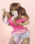 anthro big_fangs bottomwear brown_body brown_eyes brown_fur brown_hair clothed clothing eyelashes eyewear fangs female fur glasses grey_bottomwear grey_clothing hair long_hair open_mouth open_smile pink_clothing pink_topwear smile solo teeth topwear white_body white_fur tiggybloom sora_(soracalico) felid mammal 2019 hi_res