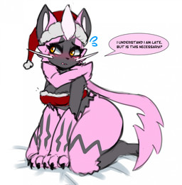 anthro black_body black_fur blush breasts christmas_clothing christmas_headwear clothing female fur hat headgear headwear holidays kneeling pink_body pink_fur red_clothing red_topwear santa_hat simple_background solo speech_bubble tail thick_thighs topwear white_background wide_hips yellow_eyes i_am_kat95 christmas nintendo pokemon kat_(i_am_kat95) generation_7_pokemon legendary_pokemon pokemon_(species) zeraora hi_res