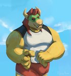 anthro athletic_wear belly biceps big_pecs bottomwear bulge clothing eyebrows fangs hair horn male muscular pecs seductive shorts sky skyscape smile solo standing sunny teeth patadeperro mario_bros nintendo bowser koopa scalie hi_res