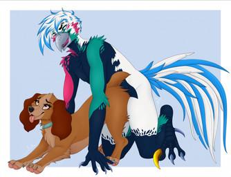 anthro anthro_on_feral balls bareback bestiality bodily_fluids claws collar cum duo female feral genital_fluids genitals knot male male/female muscl nude orgasm penis banzai.puppy disney lady_and_the_tramp lady_(lady_and_the_tramp) avian bird canid canine canis domestic_dog great mammal hi_res