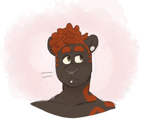 ambiguous_anthro ambiguous_gender anthro black_body black_fur brown_eyes clothed clothing ear_piercing eyebrows facial_piercing flesh_tunnel fur gauged_ear hair labret_piercing lip_piercing looking_up piercing red_background red_hair simple_background solo tattoo topless topless_ambiguous topless_anthro whisker_spots p_rindustries gale_(p_rindustries) felid mammal pantherine 2024 guide_lines headshot_portrait portrait male_(lore)