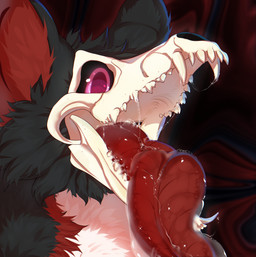 anthro black_body black_fur black_sclera bodily_fluids bone cheek_tuft dripping facial_tuft fangs fur head_tuft long_tongue looking_at_viewer male markings mouth_shot open_mouth purple_eyes red_markings red_tongue saliva saliva_drip saliva_on_tongue saliva_string simple_background skull skull_head solo teeth tongue tongue_out tuft white_body white_fur kysokofwater skulldog_(species) 2023 colored digital_drawing_(artwork) digital_media_(artwork) hi_res shaded