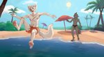 4_toes 5_fingers abdominal_scar anthro bag beach carpet clothing duo feet fingers hair jumping male plant sand scar sky summer sun swimming_trunks swimwear tail toes tree umbrella water kirkir canid canine fox hybrid mammal 2021 digital_drawing_(artwork) digital_media_(artwork) hi_res signature