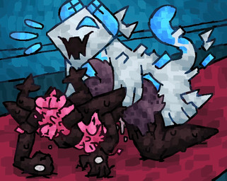 ambiguous_penetration anthro bodily_fluids fellatio female female_penetrated feral from_behind_position group hanging_on_partner horn male male/female male_penetrating male_penetrating_female open_mouth oral penetration penile scut_tail sex short_tail size_difference struggling sweat sweatdrop tail scaliescum deltarune undertale_(series) roaring_knight maus_(deltarune) tasque