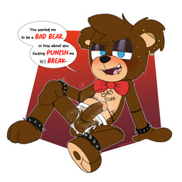 anthro bodily_fluids body_writing bow_tie bracelet briefs clothing dialogue ear_piercing erection eyeshadow facial_piercing frenum_ladder frenum_piercing genital_piercing genitals jewelry ladder_piercing lip_piercing makeup male musk penis penis_piercing piercing profanity ripped_underwear solo spiked_bracelet spikes sweat text torn_clothing torn_underwear underwear young young_anthro young_male conditional_dnp olly oliver_masthay teddy_bear_(species) 1:1 absurd_res english_text hi_res adult_(lore)