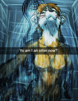anthro bathing breasts brown_body brown_fur female fur multicolored_body nude orange_body orange_fur presenting shower shower_head shower_stall showering silly soaked solo spraying_water text water wet wet_body wet_fur white_body white_fur spicymustelid spice gulonine mammal marten mustelid musteline pine_marten absurd_res hi_res