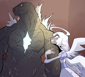 6_wings back_spikes black_body black_scales blue_pupils chest_scar clothing crossover_ship dress eye_scar eyelashes facial_scar feathered_wings feathers female fingerless_gloves freckled_face freckles frown gloves glowing glowing_scar grey_body grey_skin grumpy hair halo handwear happy hugging_arm interspecies larger_male long_hair looking_away looking_up_at_partner male male/female multi_wing muscular muscular_male pupils purple_pupils scales scar scars_all_over size_difference smaller_female smile snaggle_teeth spikes spikes_(anatomy) white_hair wings yellow_eyes vectorconvoy godzilla_(series) hazbin_hotel hellaverse spindle_horse_(copyright) toho emily_(hazbin_hotel) godzilla angel humanoid kaiju monster reptile scalie seraph_(angel) crossover hi_res story story_in_description