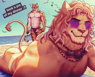 anthro beach black_body black_fur butt caption cellphone clothed clothing duo electronics eyewear fur jewelry looking_at_viewer lying male male/male mane muscular muscular_anthro muscular_male necklace nipples nude on_front orange_body orange_fur phone sand smile striped_body striped_fur stripes sunglasses tail tan_body tan_fur text thong topless underwear water whiskers white_body white_fur douand0 epic_games fortnite kingston_(fortnite) oscar_(fortnite) avian bird felid gull lari larid lion mammal pantherine tiger 2026 absurd_res digital_media_(artwork) english_text hi_res