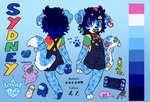 alternative_fashion anthro baby_bottle blue_background blue_body blue_clothing blue_ears blue_eyes blue_fur blue_hair blue_nose blue_overalls blue_pacifier blue_pawpads blue_tail clothed clothing decora_(fashion) electronics feet female foot_grab footprint front_view fur game_console green_clothing green_shirt green_t-shirt green_topwear hair hand_on_foot hand_on_tail happy heart_(marking) heart_symbol holding_tail j-fashion markings milk moon moon_(marking) multicolored_body multicolored_clothing multicolored_ears multicolored_fur multicolored_hair multicolored_shirt multicolored_t-shirt multicolored_tail multicolored_topwear object_in_mouth one_leg_up overalls pacifier pacifier_in_mouth pawpads pawprint pawprint_(marking) plushie pose puzzle_piece rainbow rainbow_sticker raised_leg rear_view red_clothing red_shirt red_t-shirt red_topwear shirt shortalls simple_background smile solo star star_(marking) star_sticker sticker stickers_on_body t-shirt tail text topwear toy two_tone_ears two_tone_hair white_body white_fur white_tail yellow_clothing yellow_shirt yellow_t-shirt yellow_topwear young young_anthro princefiend nintendo nintendo_switch sydney_(princefiend) australian_shepherd canid canine canis domestic_dog herding_dog mammal pastoral_dog sheepdog 2023 digital_media_(artwork) english_text hi_res model_sheet