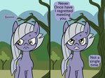 2_panel_comic angry blush clenched_teeth confusion dead_tree detailed_background dialogue earth_pony equid equine female feral friendship_is_magic frown fur green_eyes grey_hair hair happy_harvey hasbro hi_res hill hillside horse inner_ear_fluff limestone_pie_(mlp) looking_aside looking_at_viewer mammal mountain mountain_range my_little_pony outside phone_drawing plant pony purple_body purple_fur scrunchy_face solo teeth tree tuft vein