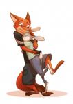 anthro clothing duo female fur hug male stepping_on_tail saretta-potpourri disney zootopia judy_hopps nick_wilde canid canine fox lagomorph leporid mammal rabbit 2017 hi_res