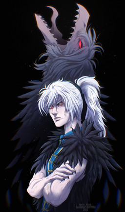 ambiguous_form black_background blue_clothing blue_topwear clothing crossed_arms duo hair long_hair looking_at_viewer male male_human mouth_closed narrowed_eyes open_mouth pale_skin ponytail red_eyes sharp_teeth side_view simple_background teeth text topwear white_hair santanahoffman human mammal absurd_res artist_name hi_res