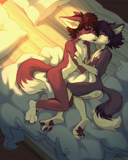 anthro bedroom bird's-eye_view butt cuddling detailed_background duo eyes_closed fluffy french_kissing fur hair high-angle_view kissing light light_beam lying male male/male nipples nude on_side pawpads paws pillow purple_body purple_fur red_body red_fur sunbeam sunlight tail toony touching_arm touching_chest white_body white_fur marriouss liekeed_(character) canid canine canis domestic_dog mammal wolf absurd_res digital_media_(artwork) hi_res shaded