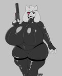 5_fingers anthro big_breasts biped black_eyes bodily_fluids bodysuit boss_monster_(undertale) bovid breasts bunybunyboi caprine claws clothed clothing cute_fangs eye_patch eyewear fangs female finger_claws fingerless_gloves fingers floppy_ears front_view fully_clothed fur glistening glistening_clothing gloves grey_background gun handgun handwear head_tuft heart_symbol hi_res holding_gun holding_object holding_ranged_weapon holding_weapon horn huge_breasts humanoid_hands latex looking_at_viewer mammal mature_anthro mature_female monotone_body monotone_fur open_mouth pistol portrait ranged_weapon silencer simple_background skinsuit slightly_chubby solo squish standing sweat sweatdrop teeth thick_thighs thigh_squish three-quarter_portrait tight_clothing toriel tuft undertale undertale_(series) weapon white_body white_fur wide_hips