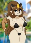 anthro big_breasts bikini black_bikini black_clothing black_swimwear breasts brown_hair clothing collarbone eyebrows eyelashes fangs female fur grey_eyes hair hand_on_hip looking_at_viewer ponytail solo swimwear tan_body tan_fur teeth two-piece_swimsuit wide_hips i_am_kat95 nintendo pokemon generation_1_pokemon meowth pokemon_(species) 2024 hi_res