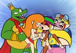 after_kiss anthro cape clothed clothing clothing_lift ear_piercing ear_ring female group hand_holding human_on_anthro interspecies male male/female piercing pigtails ring_piercing essiecks donkey_kong_(series) mario_bros nintendo warioware king_k._rool mona_(warioware) tiny_kong wario ape chimpanzee crocodile crocodilian haplorhine human humanoid mammal pan_(genus) primate reptile scalie hi_res