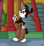 anthro biped black_body black_fur bottomwear cigarette clothed clothing detailed_background fur gloves handwear looking_up male pants smoking solo standing topless water_tower ekuhvielle animaniacs warner_brothers yakko_warner inkblot mammal low_res