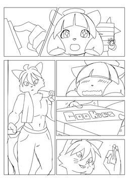 adolescent anthro bangs blush border bottomwear clothed clothing duo embarrassed female gesture girl_scout_cookies hair hand_gesture hidden_eyes male male_anthro open_mouth pants pants_only short_hair text topless topless_anthro topless_male towel white_border young young_anthro young_female zircontenshin97 bittersweet_candy_bowl girl_scout molly_(bcb) paulo_(bcb) abyssinian_cat domestic_cat felid feline felis mammal somali_cat absurd_res black_and_white comic digital_drawing_(artwork) digital_media_(artwork) english_text hi_res line_art monochrome