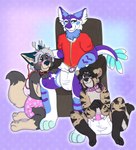 anthro armchair bdsm blush bondage bound chair clean_diaper clothed clothing collar diaper furniture group leash looking_up male pawprint_pattern smile smirk smoking_jacket trio wearing_diaper birth_defect_boi duffy_(duffy) vergarde canid canine civet deer dutch_angel_dragon fox hybrid mammal viverrid 2022 hi_res