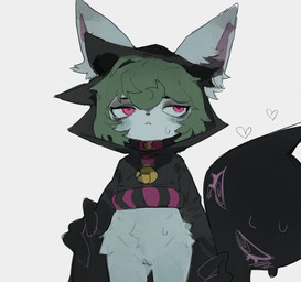 ambiguous_gender anthro blush bodily_fluids bottomless clothed clothing crop_top duo female fur genitals green_body green_fur green_hair hair half-closed_eyes heart_symbol long_sleeves looking_at_genitalia narrowed_eyes red_eyes shirt simple_background standing sweat sweatdrop topwear vulva white_background ramssa league_of_legends riot_games tencent shadow_(lol) vex_(lol) ghost shadow_creature spirit yordle hi_res