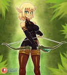 blonde_hair bow_(weapon) breasts clothed clothing eyebrows eyelashes female glistening green_eyes hair humanoid_pointy_ears looking_at_viewer not_furry pointy_ears ranged_weapon short_hair solo weapon jamoart ankama wakfu evangelyne_(wakfu) cra elf humanoid 2022 absurd_res hi_res