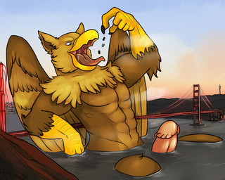 abs anthro beak biceps bodily_fluids brown_body building building_destruction city city_background cityscape claws destruction erection extreme_size_difference feathered_wings feathers genitals humanoid_genitalia humanoid_penis macro male muscular muscular_anthro muscular_male nude open_mouth oral_vore outside paws pecs penile penis rampage saliva size_difference sky solo tail tongue tongue_out vehicle vore wings finalroar mythology carpo avian gryphon mythological_avian mythological_creature 5:4