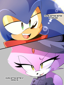 anthro dialogue duo female green_eyes hero lidded_eyes male male/female princess romantic romantic_couple royalty smile text yellow_eyes focus_on_eyes sg_animates sega sonic_the_hedgehog_(series) blaze_the_cat sonic_the_hedgehog domestic_cat eulipotyphlan felid feline felis hedgehog mammal english_text hi_res