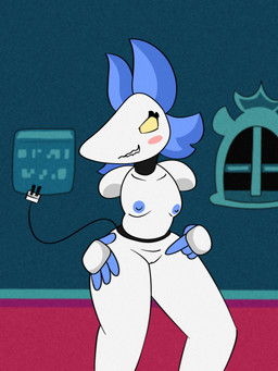anthro breasts female floating_hands genitals hair looking_at_viewer machine nipples nude solo tail vulva yellow_eyes susfortressa deltarune undertale_(series) tasque_manager darkner felid feline mammal robot 3:4 digital_media_(artwork) hi_res