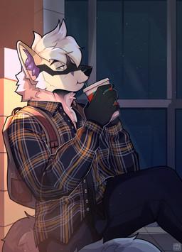 anthro backpack black_nose clothed clothing container cup drinking flannel_shirt fully_clothed fur green_eyes hair looking_at_viewer male multicolored_body multicolored_fur sitting solo white_hair kaionart canid canine canis mammal wolf 2023 hi_res