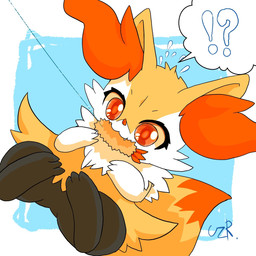 3_fingers 3_toes :3 ambiguous_anthro ambiguous_gender anthro arm_tuft big_tail biped black_body black_fur blue_background bodily_fluids border cheek_tuft chest_tuft chibi digitigrade dipstick_tail dutch_angle eyelashes facial_tuft feet fingers fishing_line flying_sweatdrops food food_in_mouth front_view fur inner_ear_fluff interrobang markings multicolored_body multicolored_fur nude_ambiguous nude_anthro orange_body orange_eyes orange_fur orange_nose orange_tail pointy_ears prick_ears shoulder_tuft shrimp_(food) simple_background snout solo speech_bubble standing sweat sweatdrop tail tail_markings toes tuft two_tone_tail white_body white_border white_fur yellow_body yellow_fur yellow_tail quail_00n0 nintendo pokemon braixen canid generation_6_pokemon mammal pokemon_(species) 1:1 2021 cel_shading digital_drawing_(artwork) digital_media_(artwork) full-length_portrait hi_res japanese_description portrait shaded signature