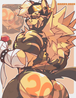 anthro big_butt biped black_body black_fur black_sclera butt fur looking_at_viewer male muscular muscular_anthro muscular_male solo standing white_body white_fur zappyron canid canine canis mammal wolf 2026 hi_res