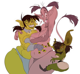 big_breasts black_hair boots breast_squish breasts brown_body brown_skin buckteeth butt choker cleavage clothed clothing ear_piercing female footwear freckles front_view green_body green_skin group hair hug humanoid_pointy_ears jewelry looking_at_viewer navel necklace not_furry one_eye_closed open_mouth piercing pigtails pointy_ears raised_arm red_eyes sharp_teeth shoes shortstack simple_background slightly_chubby smile squish teeth thick_thighs tongue white_background wide_hips wink yellow_sclera slb holdra_(slb) orchidea_(slb) runtley_(slb) goblin humanoid orc troll_(mythology) digital_media_(artwork) signature