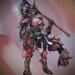 anthro armor berserker female hair kelpha long_hair machete melee_weapon muscular scar war_axe warrior weapon neppae_(artist) canid canine canis mammal wolf 1:1 hi_res