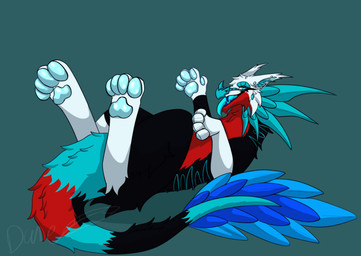4_toes 5_toes ambiguous_gender black_body black_fur blue_background blue_body blue_eyes blue_fur blue_pawpads blue_tongue clothing countershade_face countershade_fur countershade_neck countershade_torso countershading digitigrade ear_piercing eyelashes feet feral fluffy fluffy_tail fur glistening glistening_body glistening_pawpads horn lying on_back open_mouth pattern_clothing pawpads piercing pointy_ears prick_ears red_body red_fur shadow simple_background smile smiling_at_viewer snout solo striped_clothing stripes tail toes tongue tongue_out white_body white_fur commanderdane mythology fan_character dragon hybrid mythological_creature mythological_scalie scalie absurd_res full-length_portrait hi_res portrait shaded signature