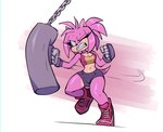 anthro bodily_fluids breasts cleavage clothed clothing female footwear green_eyes hair pink_body pink_hair punch punching_bag sandbag shoes solo sweat bigdad sega sonic_the_hedgehog_(series) amy_rose amy_rose_(bigdad) eulipotyphlan hedgehog mammal 2023