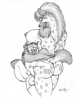 anthro big_breasts boob_hat bottomwear breasts clothing ear_piercing ear_ring eyes_closed eyewear female glasses hand_on_butt hand_on_head hotpants hug larger_female male male/female mane muscular muscular_female piercing ring_piercing shorts size_difference smile tongue tongue_out richard_foley canid canine fox humanoid hyena mammal spotted_hyena 2005 dated monochrome