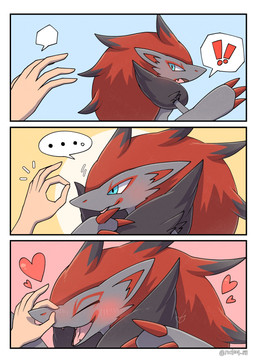 ambiguous_gender anthro blue_eyes blush blush_lines claws digit_ring duo exclamation_point fangs finger_ring fur grey_body grey_fur hair happy heart_symbol jewelry open_mouth red_hair simple_background teeth tongue tongue_out rocking_jjj nintendo pokemon generation_5_pokemon human mammal pokemon_(species) zoroark 2025 absurd_res comic hi_res signature