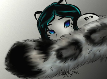 black_hair blue_eyes female fluffy fluffy_tail hair hiding leopard_spots looking_at_viewer solo spots tail year until_i_scream satyn felid mammal pantherine snow_leopard 2012 signature